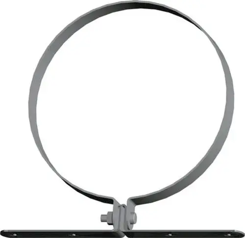 Befestigungsbügel aus Metall mit einem schmalen, runden Ring und montierter Basis. Geeignet für die Luft- und Abgasführung. Produkt von Wolf.